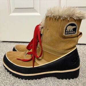 Sorel womens Tan and Black Boots with Red Laces